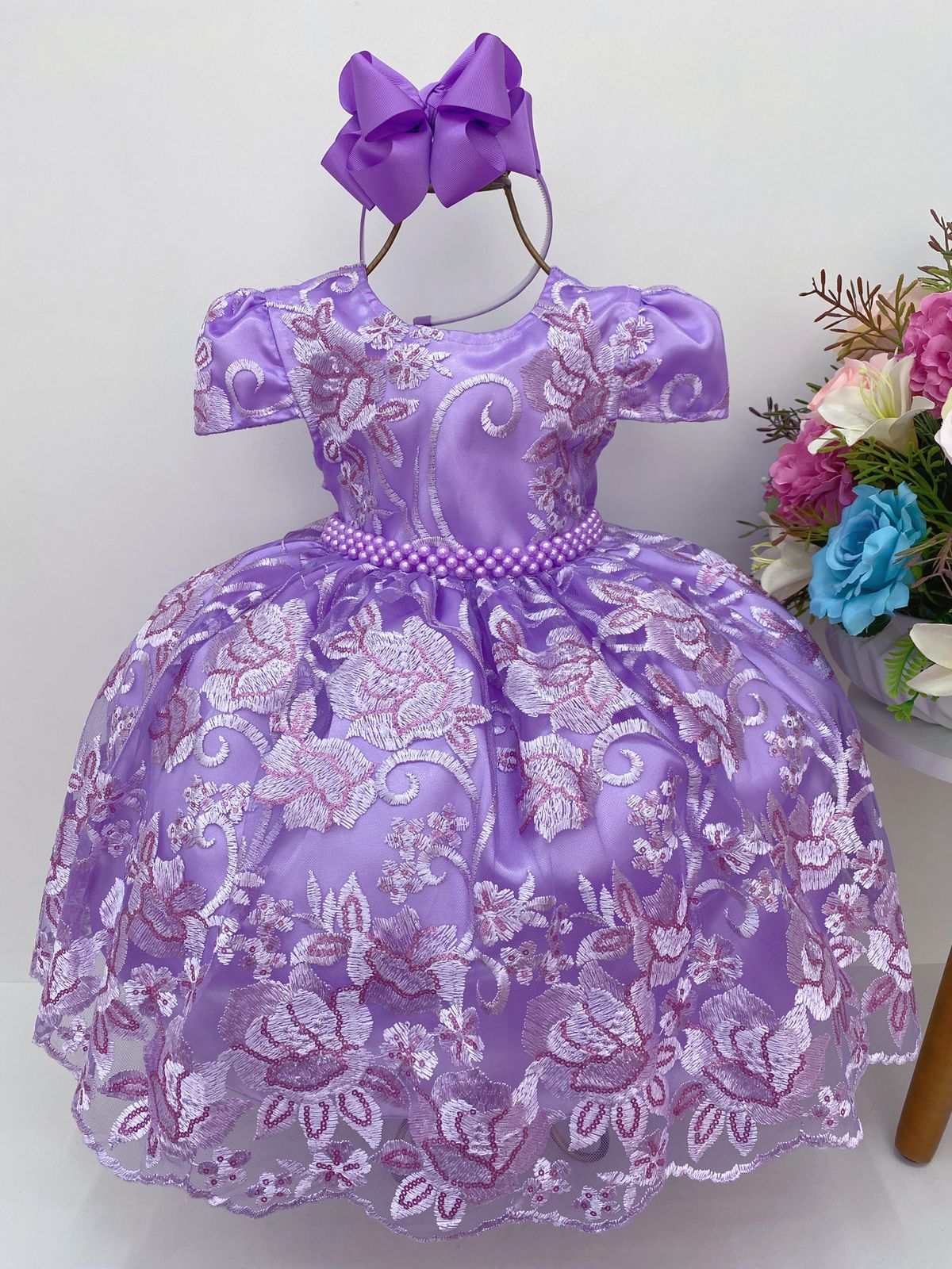 Vestido Infantil Lilás Rendado Super Luxo Cinto Pérolas