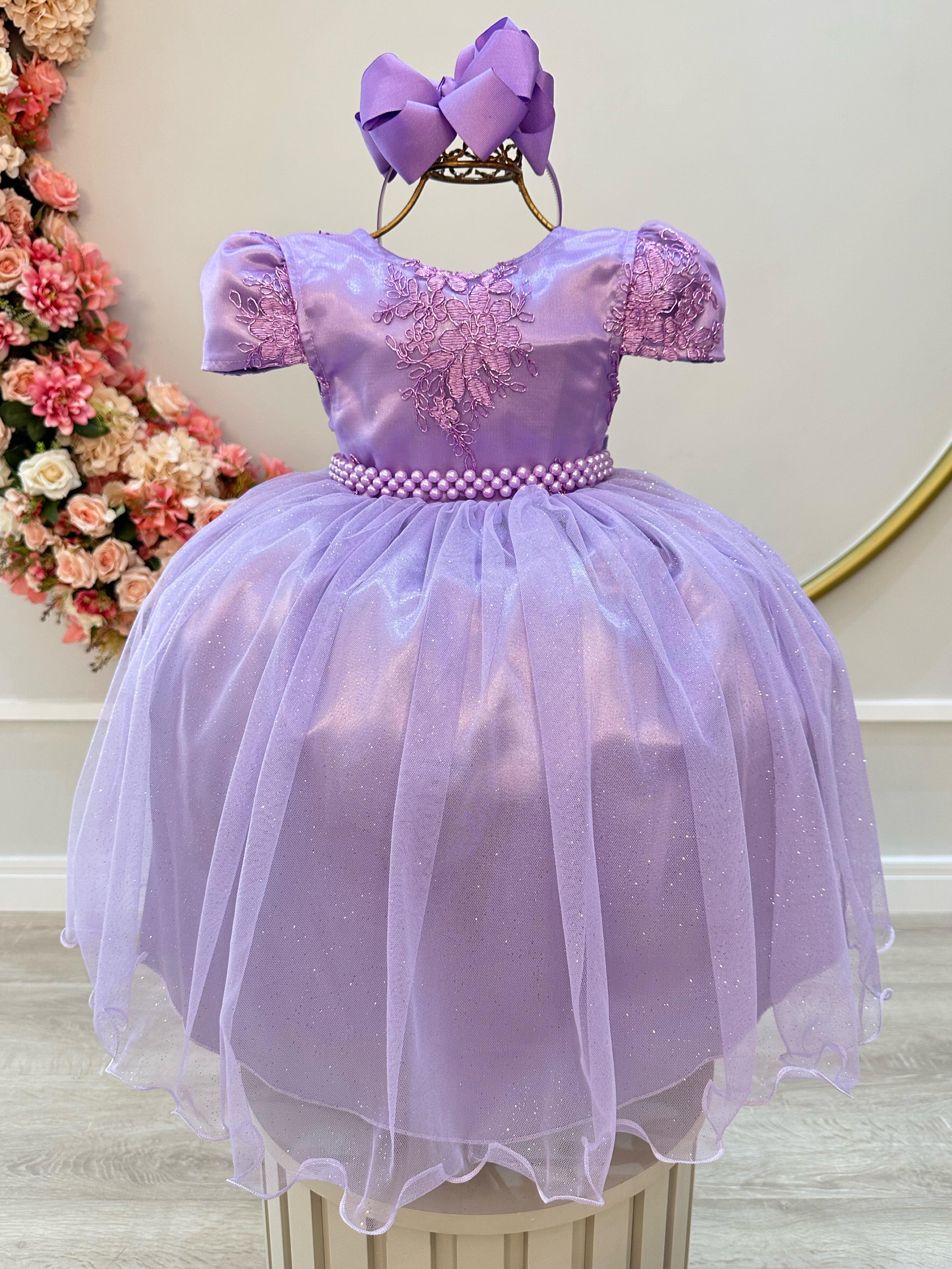 Vestido Infantil Lilás Tule C/ Renda Metalizada Casamento