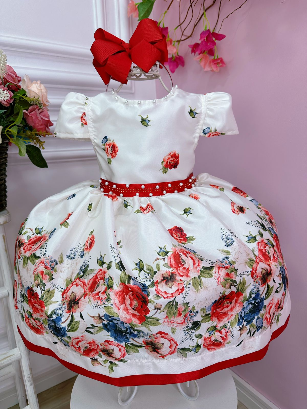 Vestido Infantil Marfim Florido Vermelho C/ Cinto de Pérolas