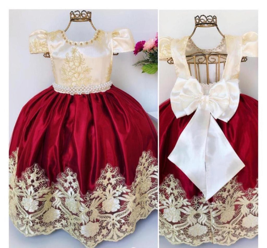 Vestido Infantil Marsala e Marfim Rendado Longos Damas