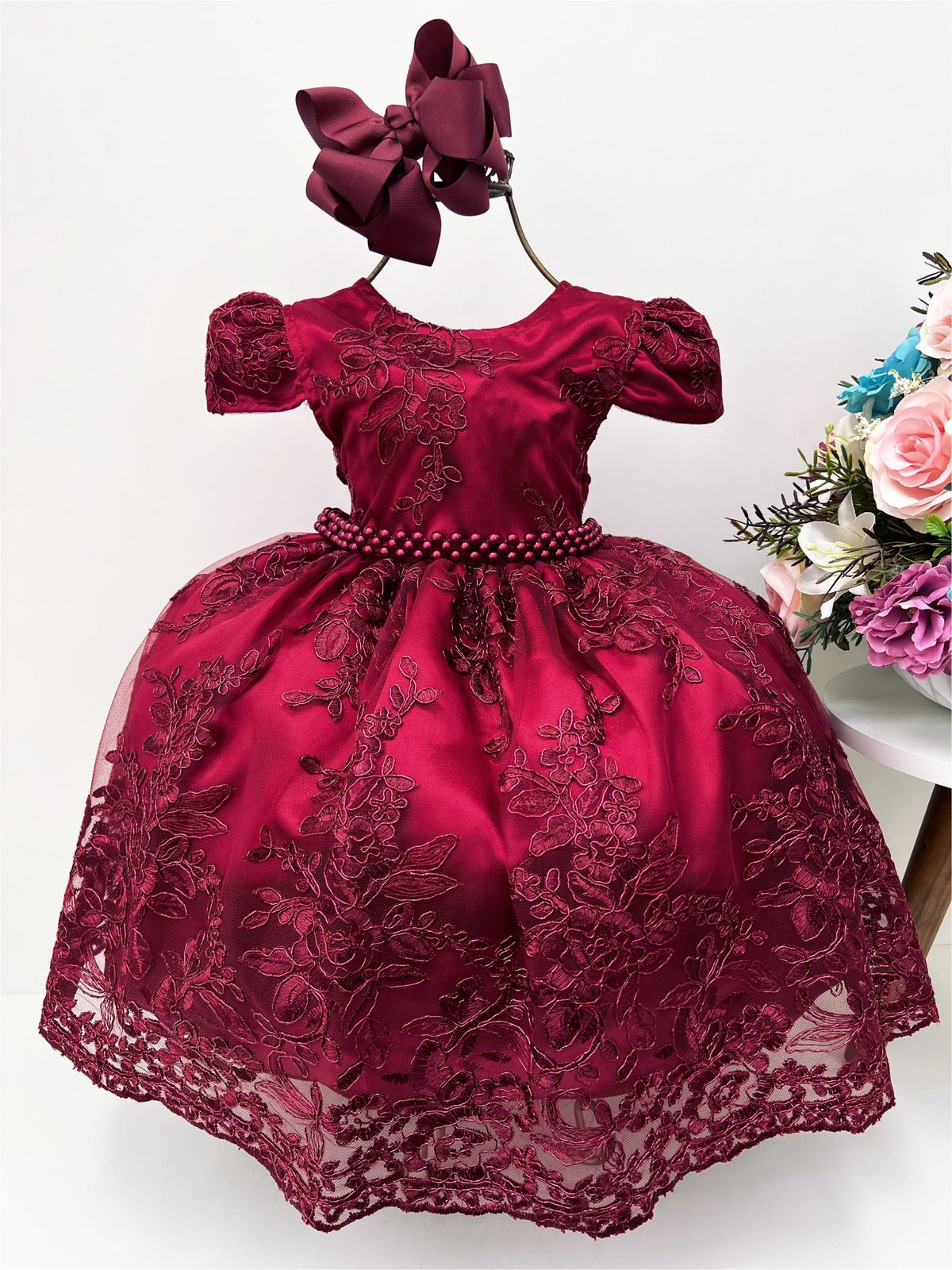 Vestido Infantil Marsala Realeza C/ Cinto Princesas Festas