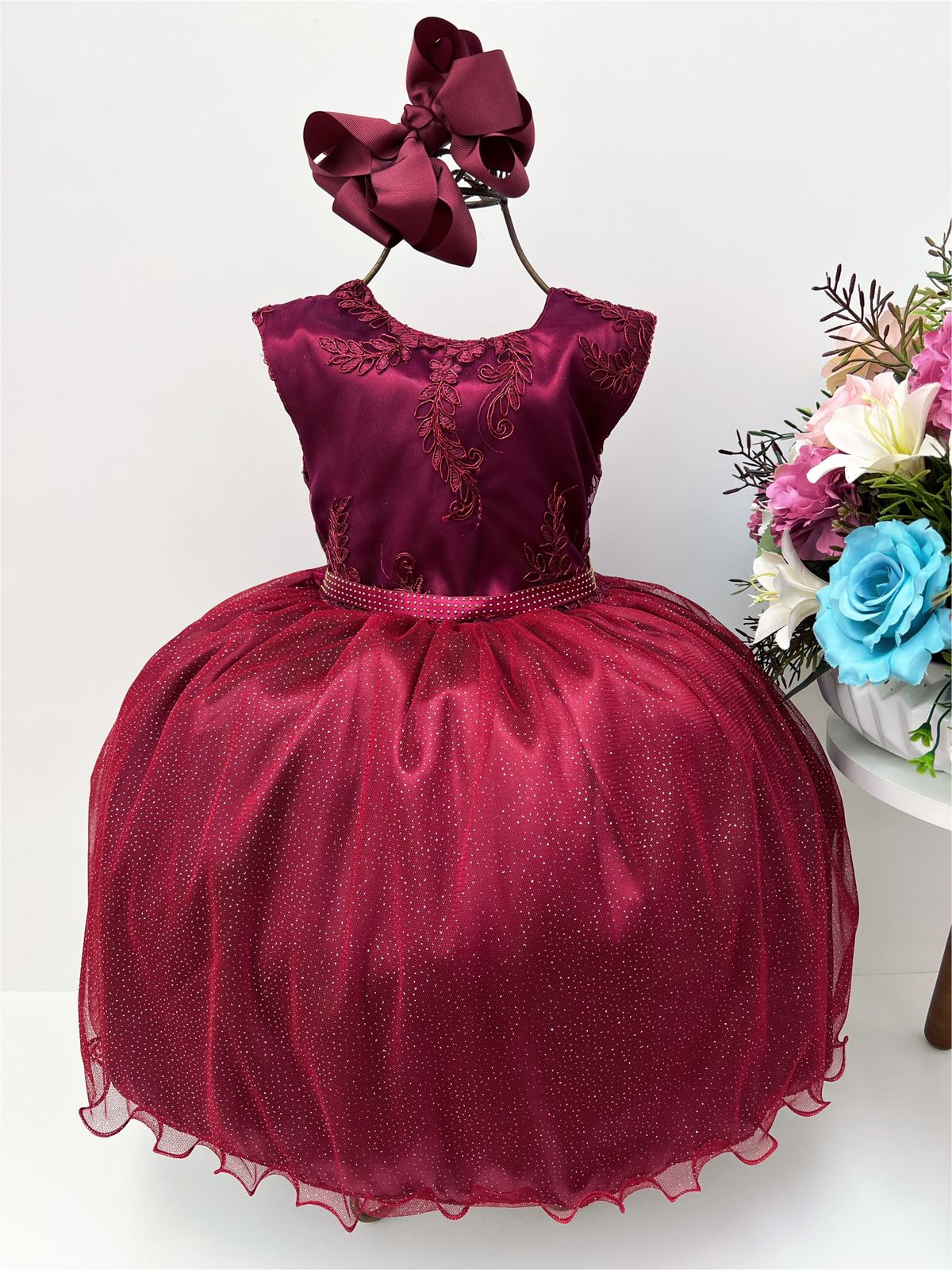 Vestido Infantil Marsala Renda Cinto Strass Brilho