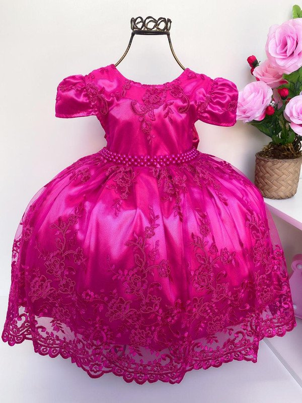 Vestido Infantil Pink Realeza Renda Princesas Festa Luxo