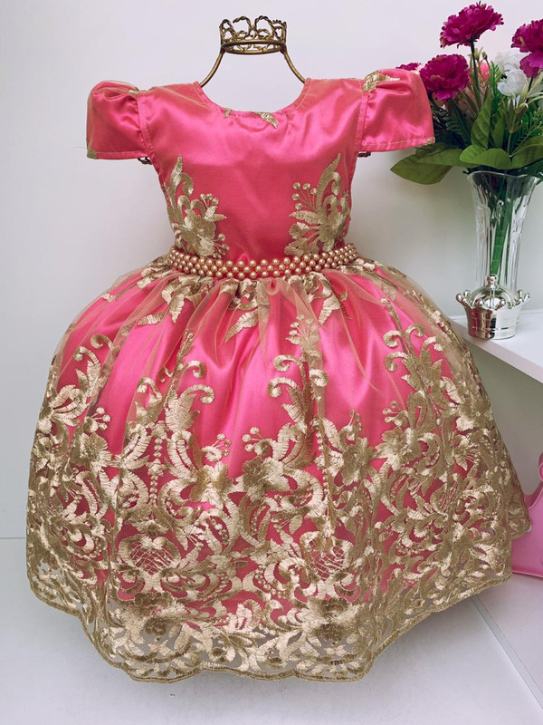 Vestido Infantil Pink Renda Dourada Realeza Luxo Princesa