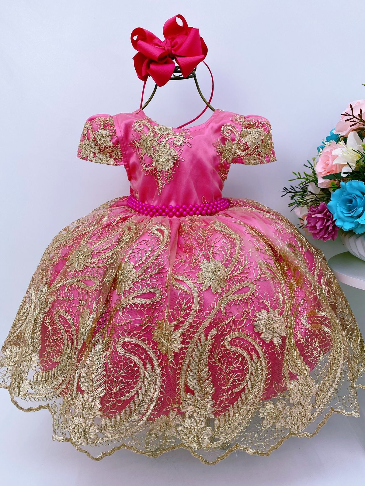 Vestido Infantil Pink Renda Realeza Dourada Princesa