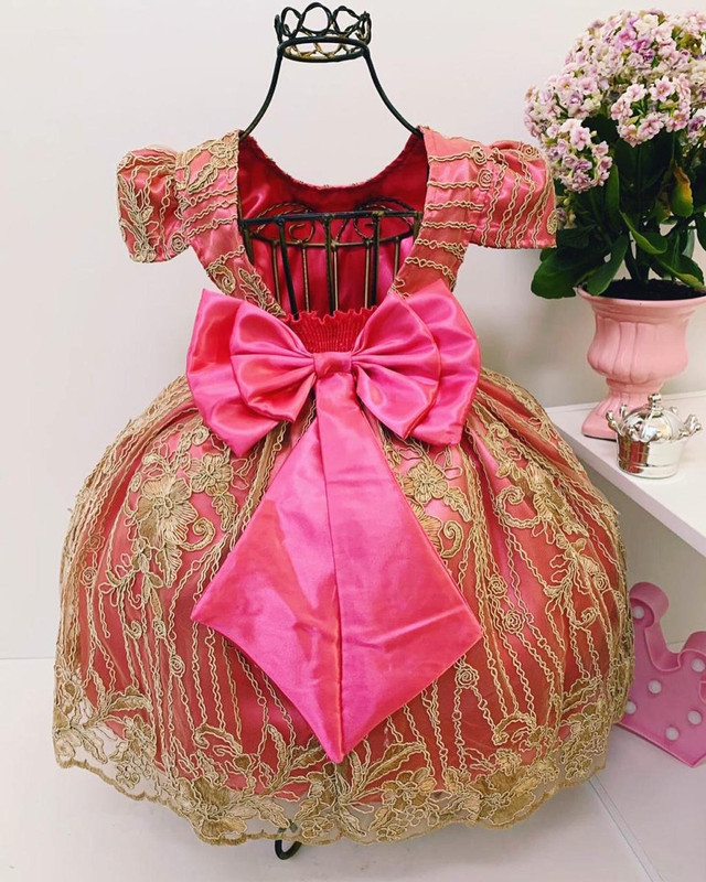 Vestido Infantil Vermelho Realeza Renda Luxo Festa Princesa - Rosa