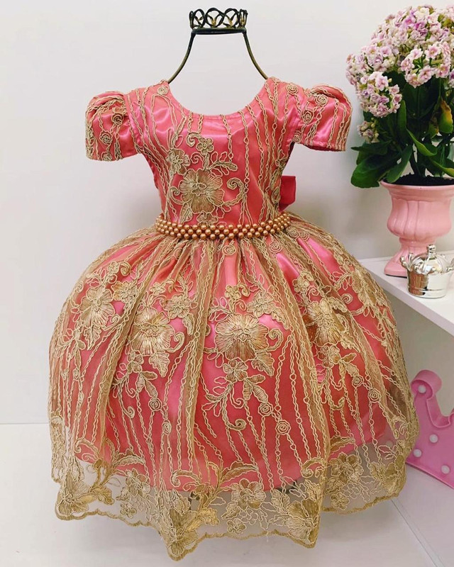 Vestido Infantil Pink Renda Realeza Dourada Princesa Luxo