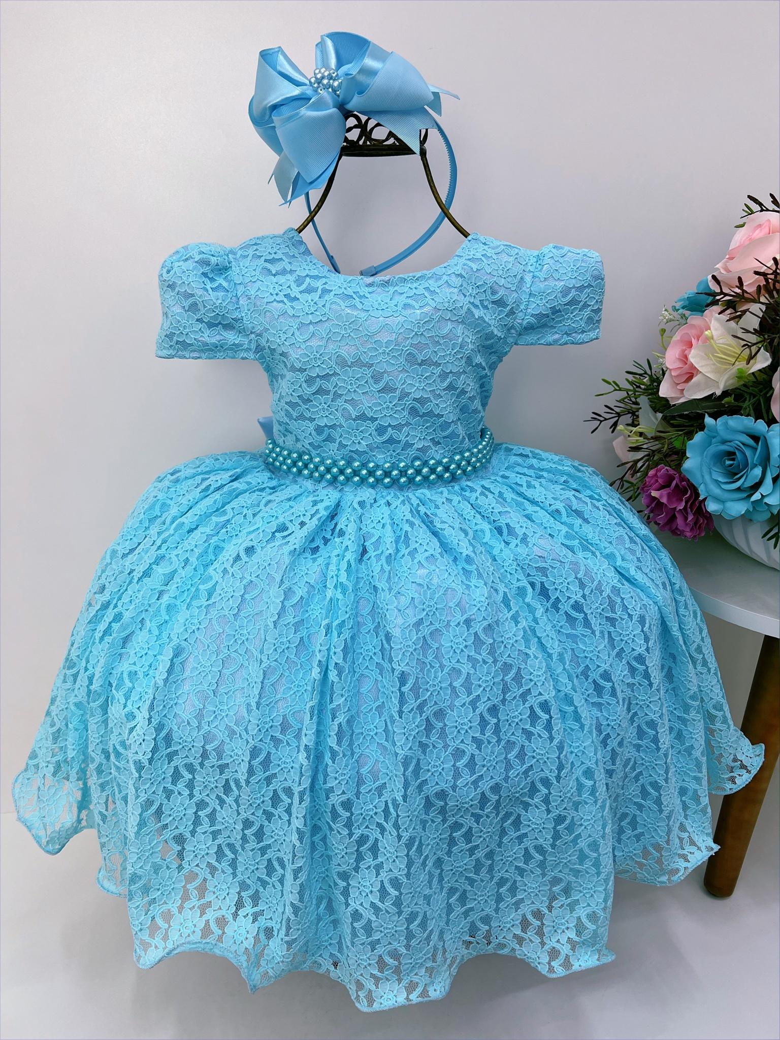 Vestido Infantil Realeza Azul Com Renda e Pérolas Festa Luxo