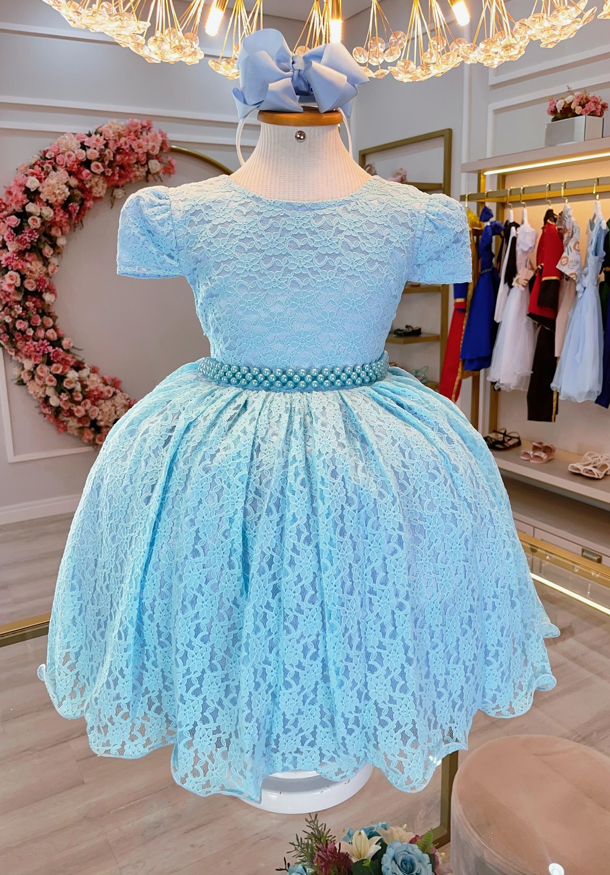 Vestido Infantil Realeza Azul Com Renda e Pérolas Festa Luxo