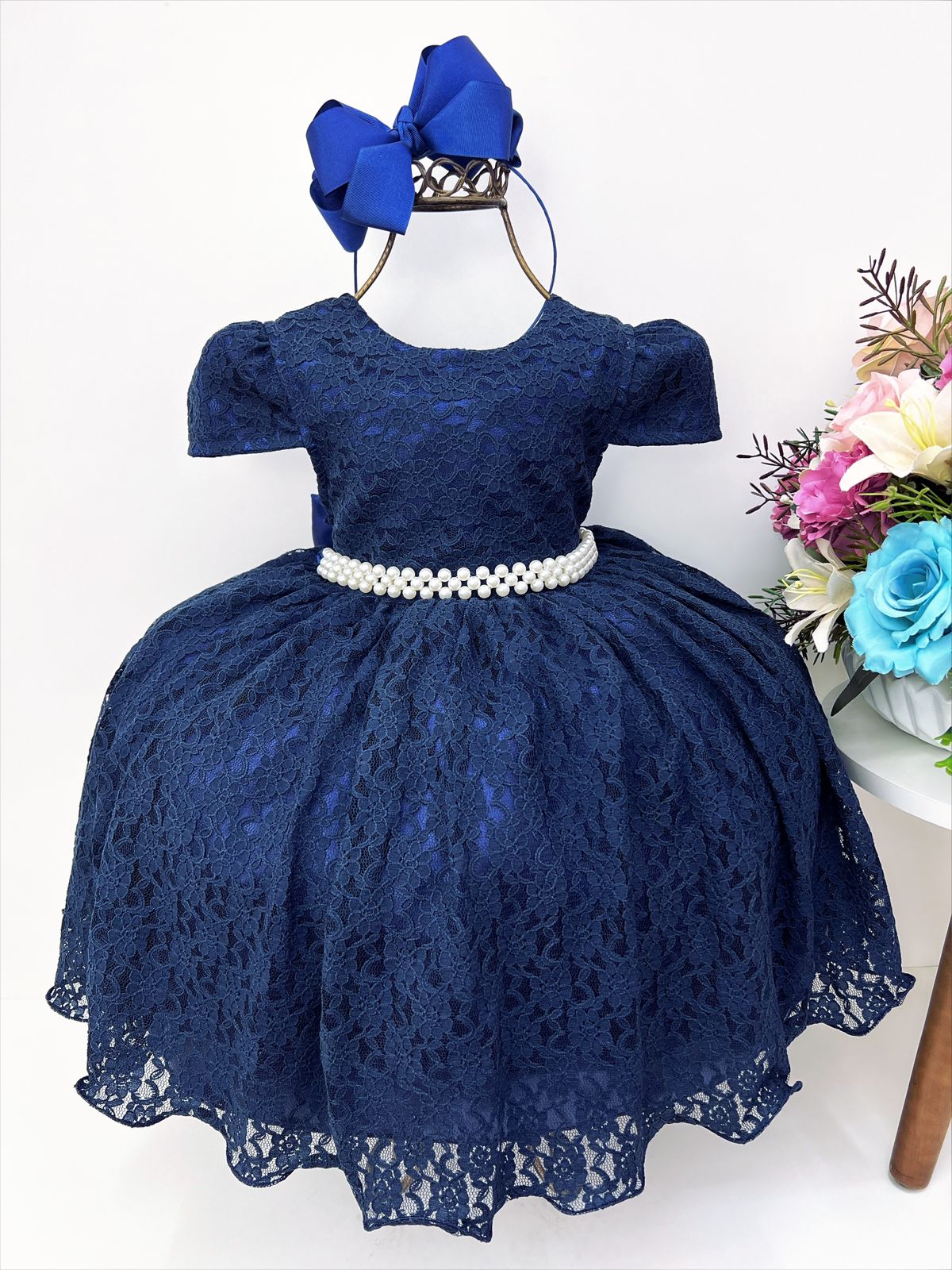 Vestido Infantil Realeza Azul Marinho Renda e Pérolas Festa