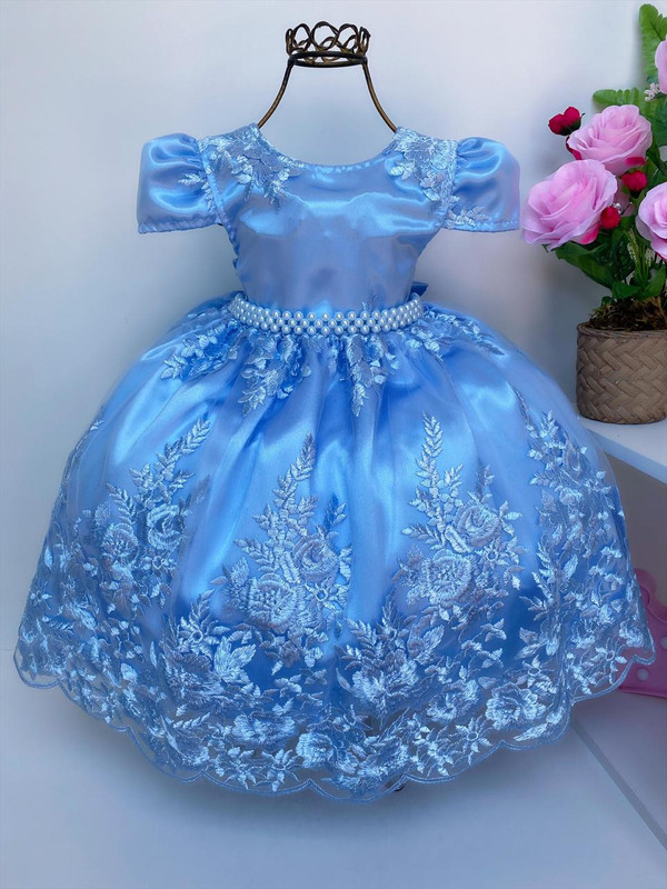 Vestido Infantil Realeza Azul Renda Luxo Princesas Pérolas - Rosa Charmosa  Atacado