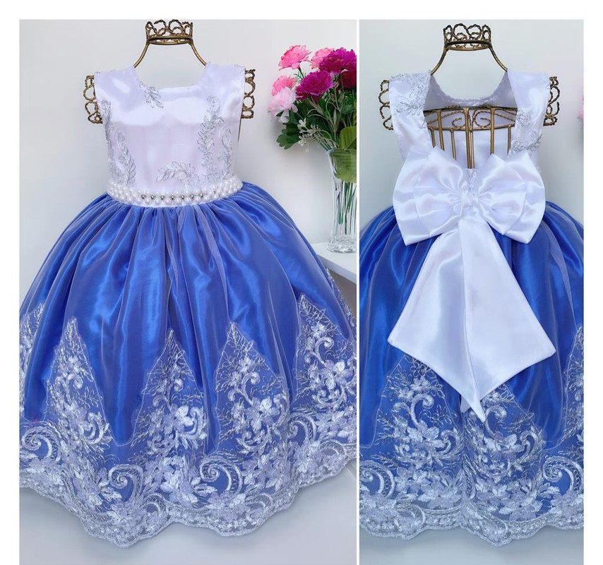 Vestido Infantil Realeza Azul Royal Peito Branco Renda Luxo