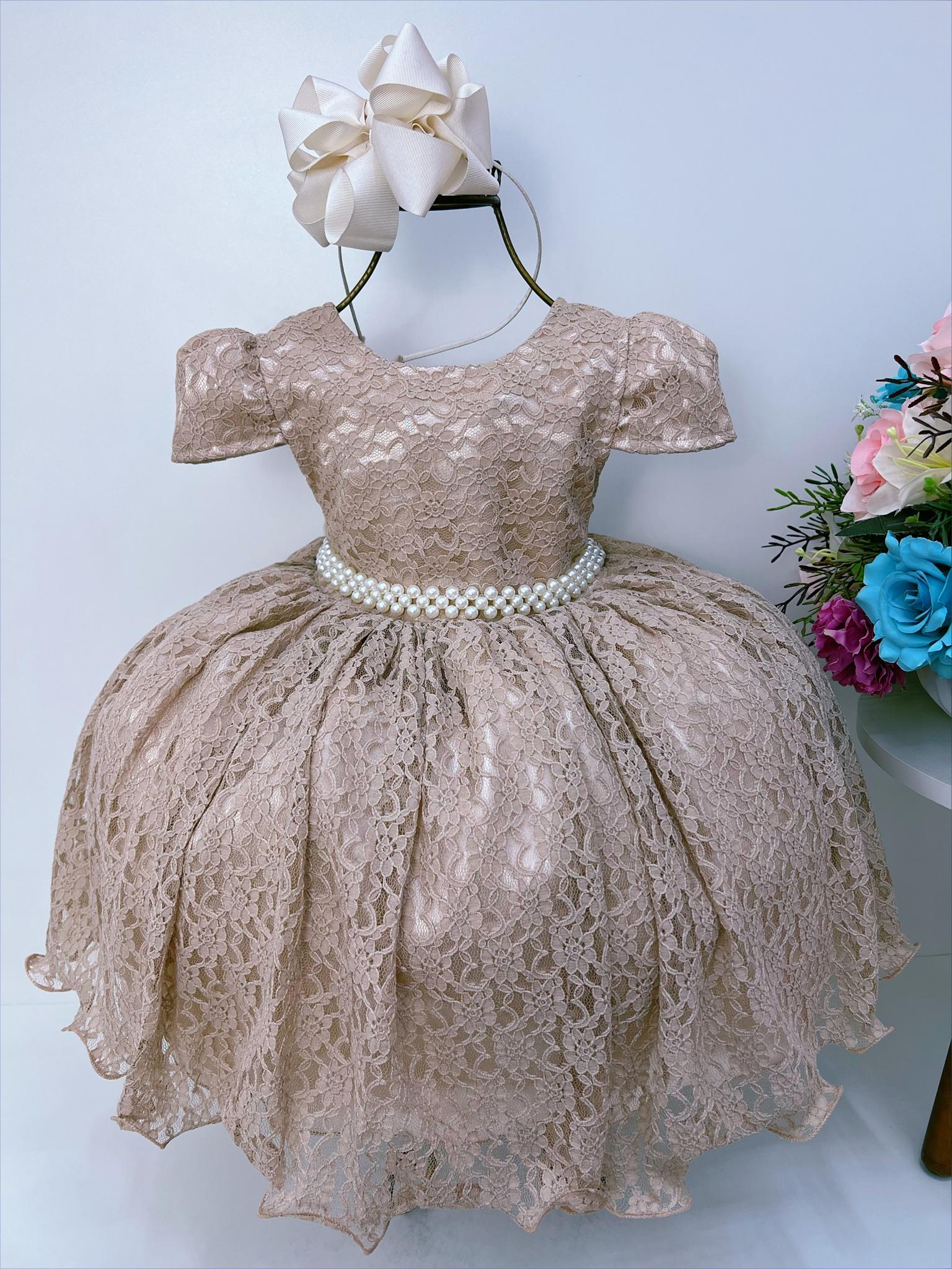 Vestido Infantil Realeza Dourado Renda e Pérolas Festa Luxo