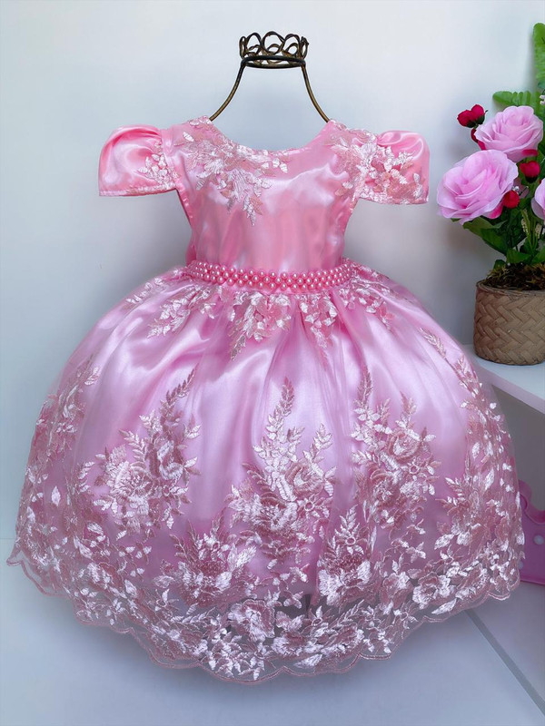 Vestido Infantil Realeza Rosa Renda Luxo Princesas Pérolas