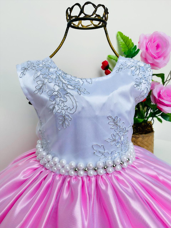 Vestido Infantil Realeza Rosa Renda Prata Luxo Princesas - Rosa Charmosa  Atacado