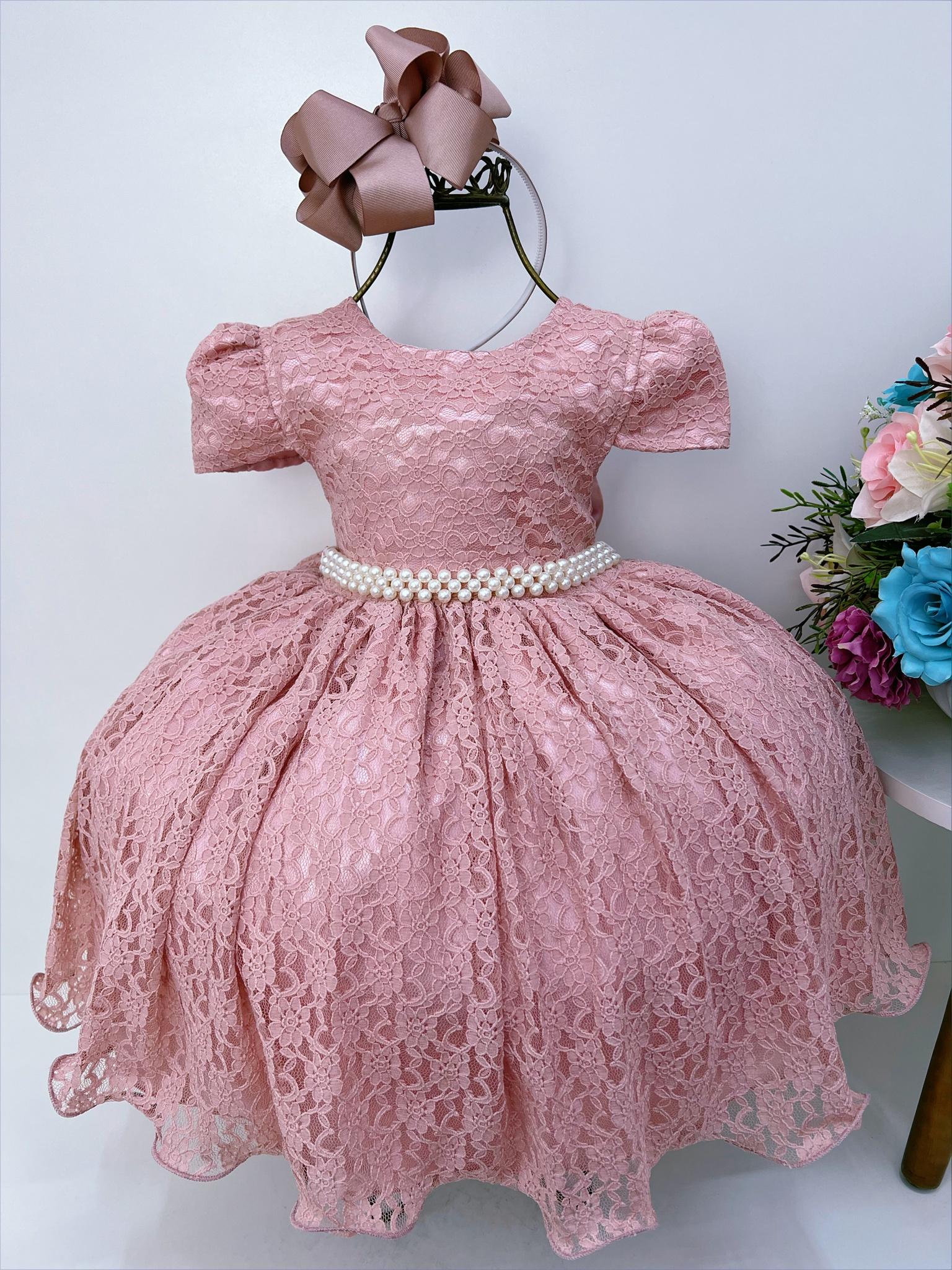 Vestido Infantil Realeza Rose Com Renda e Pérolas Festa Luxo