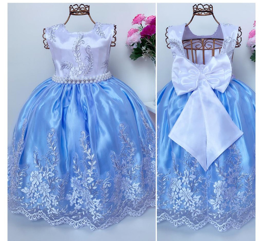 Vestido Infantil Realeza Saia Azul Peito Branco Renda Luxo
