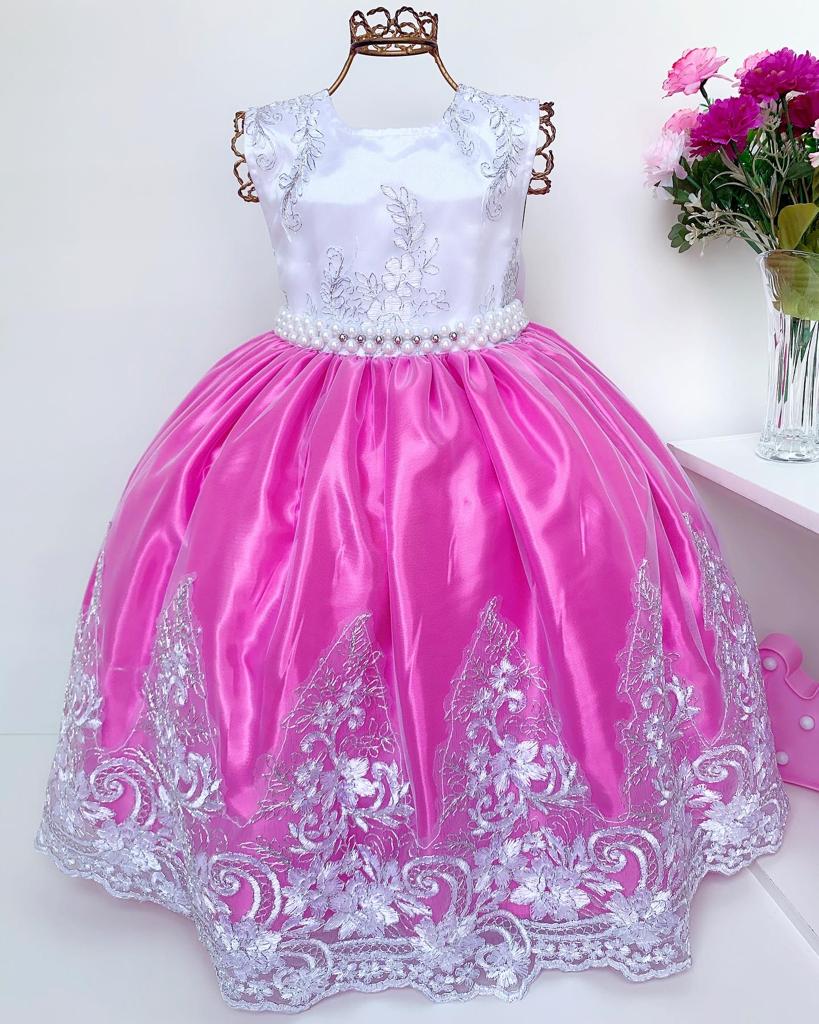 Vestido Infantil Realeza Saia Pink Peito Branco Renda Luxo