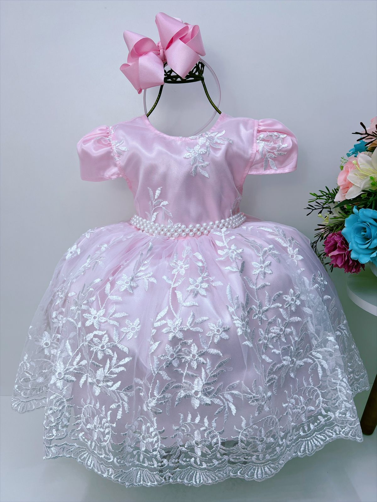 Vestido Infantil Rosa Bebê Renda Branca Realeza C/ Pérolas