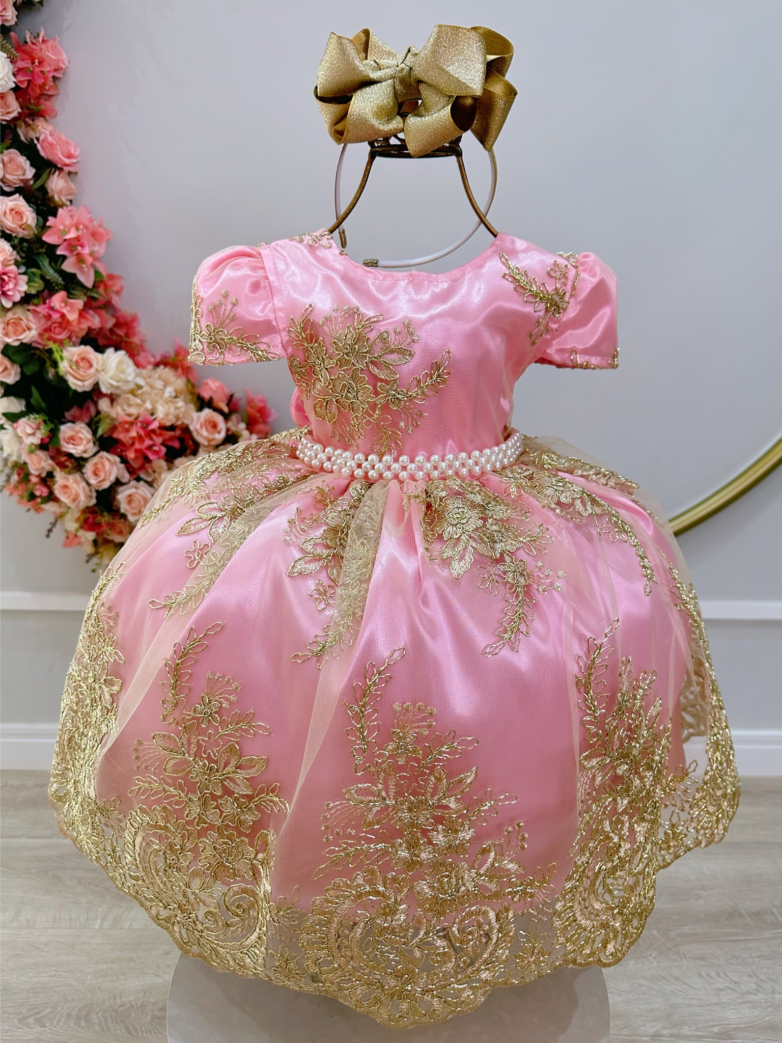 Vestido Infantil Rosa C/ Renda Realeza Metalizada Daminha