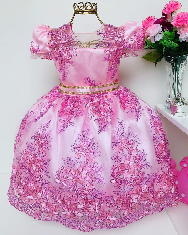 Vestido Infantil Rosa Chiclete Renda Luxo Cinto Strass