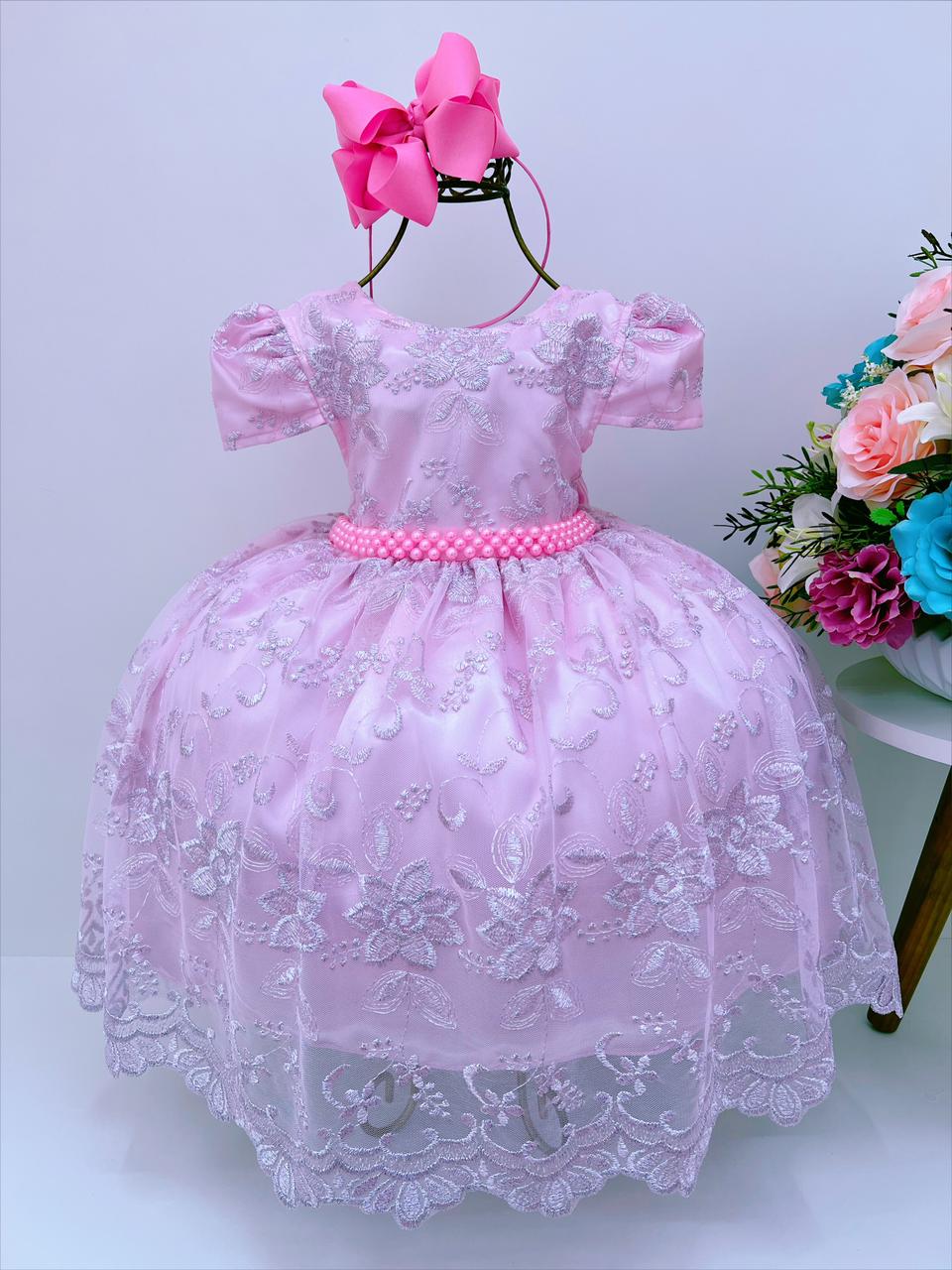 Vestido Infantil Rosa Realeza C/ Renda Luxo Cinto de Pérolas