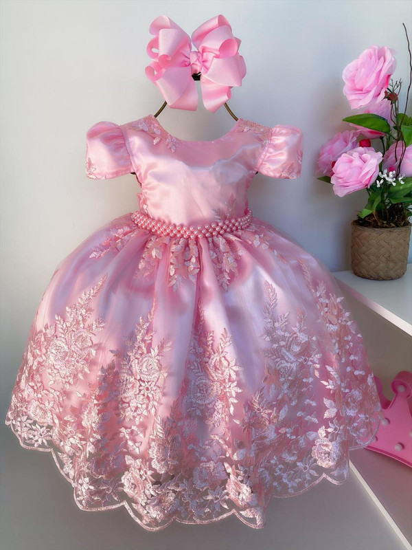 Vestido Infantil Rosa Realeza Rendado Luxo Princesas - Rosa Charmosa Atacado