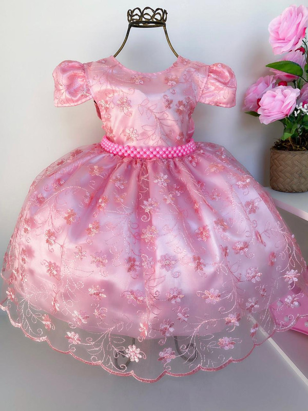 Vestido Infantil Rosa Realeza Rendado Luxo Promocional