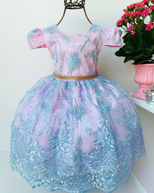 Vestido Infantil Rosa Renda Azul Luxo Cinto Strass