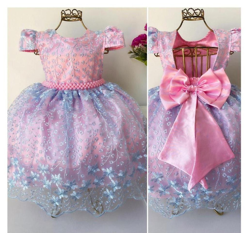 Vestido Infantil Rosa Renda Azul Princesa Luxo Festas Damas