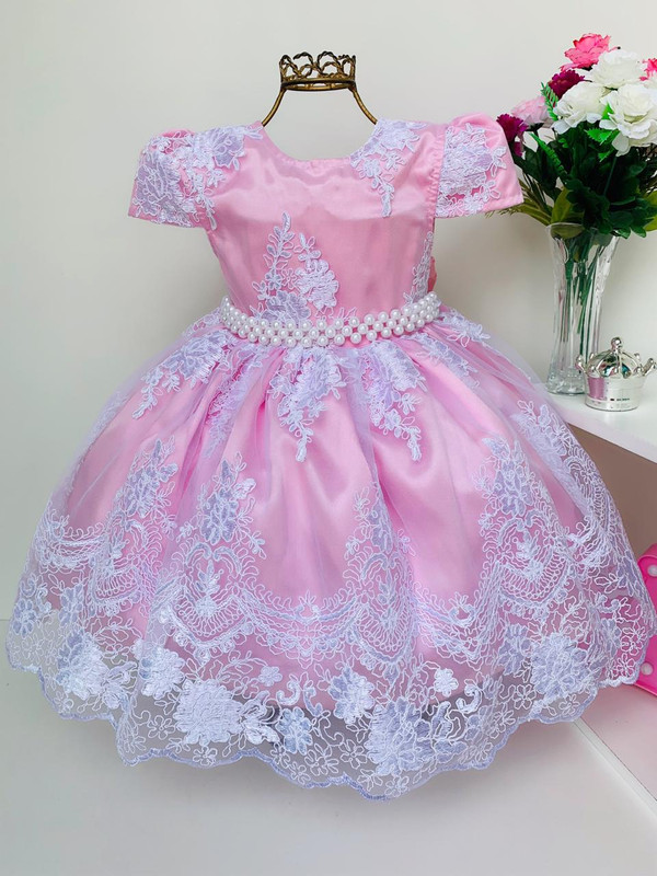 Vestido Infantil Rosa Renda Branca Realeza Princesa Luxo