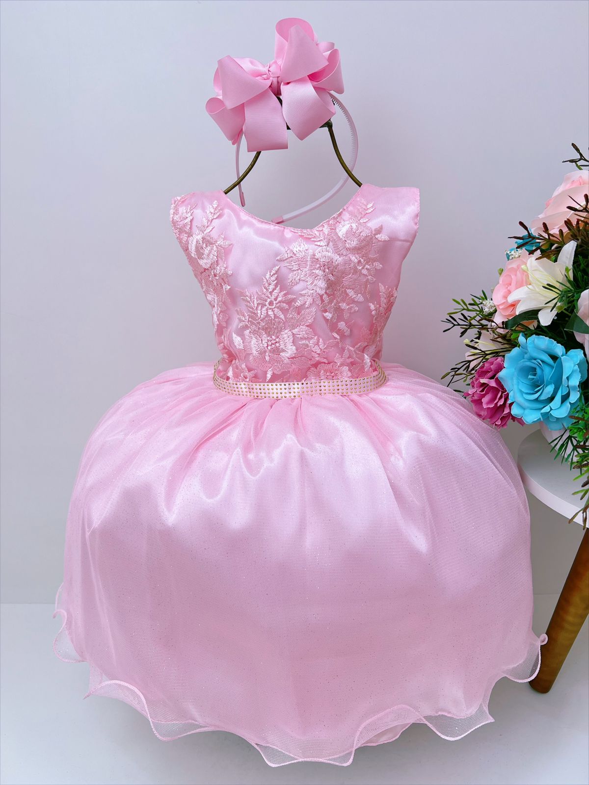 Vestido Infantil Rosa Renda Busto Cinto Strass Luxo