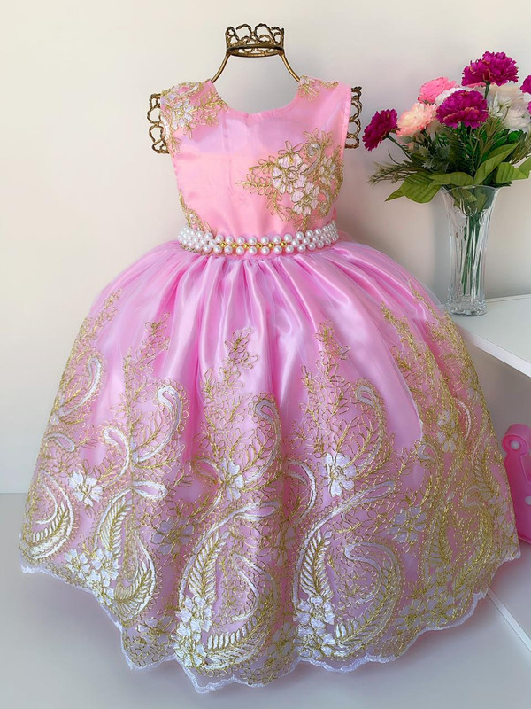 Vestido Infantil Rosa Renda Dourada Realeza Luxo Longo