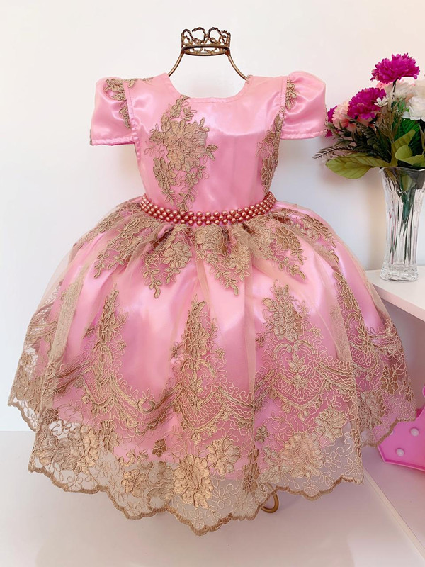 Vestido Infantil Rosa Renda Dourada Realeza Luxo Princesas