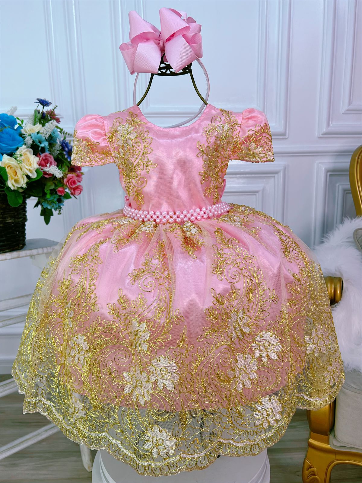 Vestido Infantil Rosa Renda e Tule Dourada Realeza Luxo