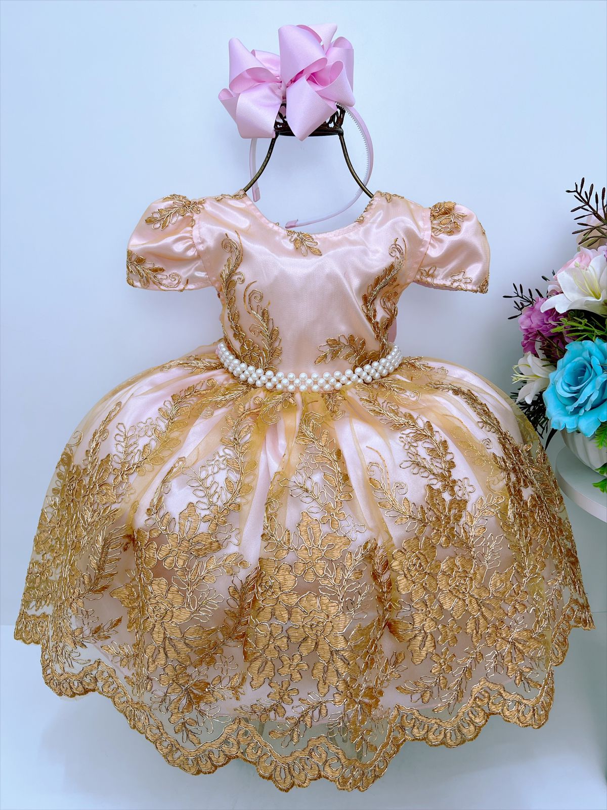 Vestido Infantil Rosa C/ Renda e Tule Dourado Realeza Damas