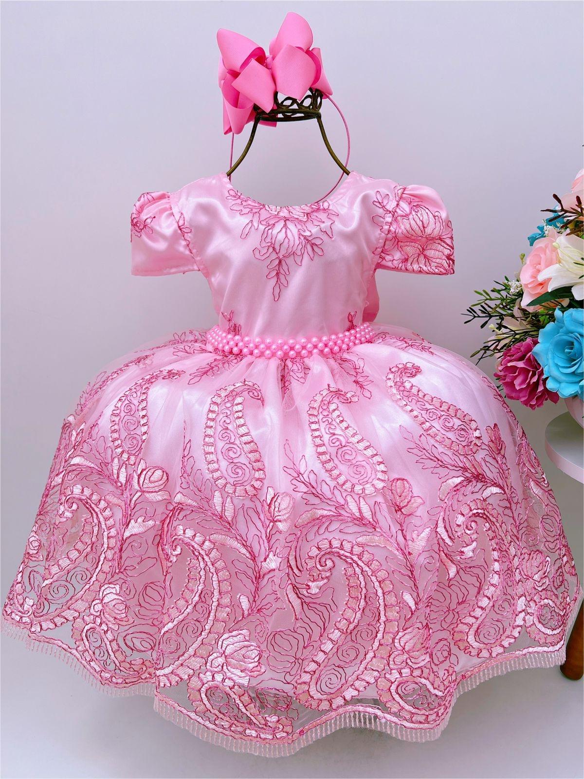 Vestido Infantil Rosa Renda Princesas Realeza Luxo Festa - Rosa Charmosa  Atacado