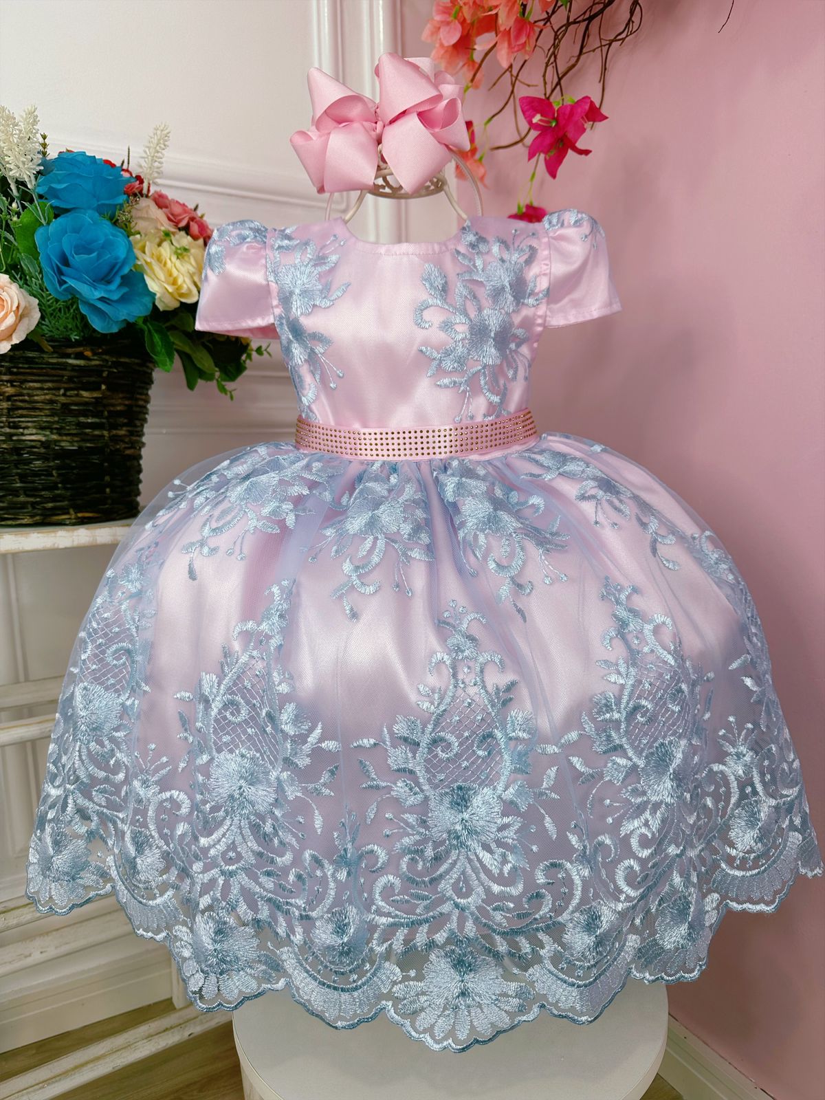 Vestido Infantil Rosa Renda Realeza Azul C/ Cinto de Strass
