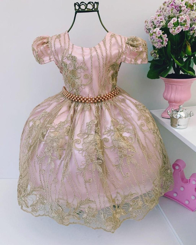 Vestido Infantil Rosa Renda Realeza Dourada Princesa Luxo