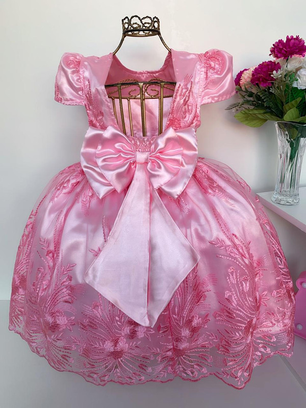 Vestido Infantil Rosa Renda Realeza Luxo Princesas Festas Rosa Charmosa Atacado