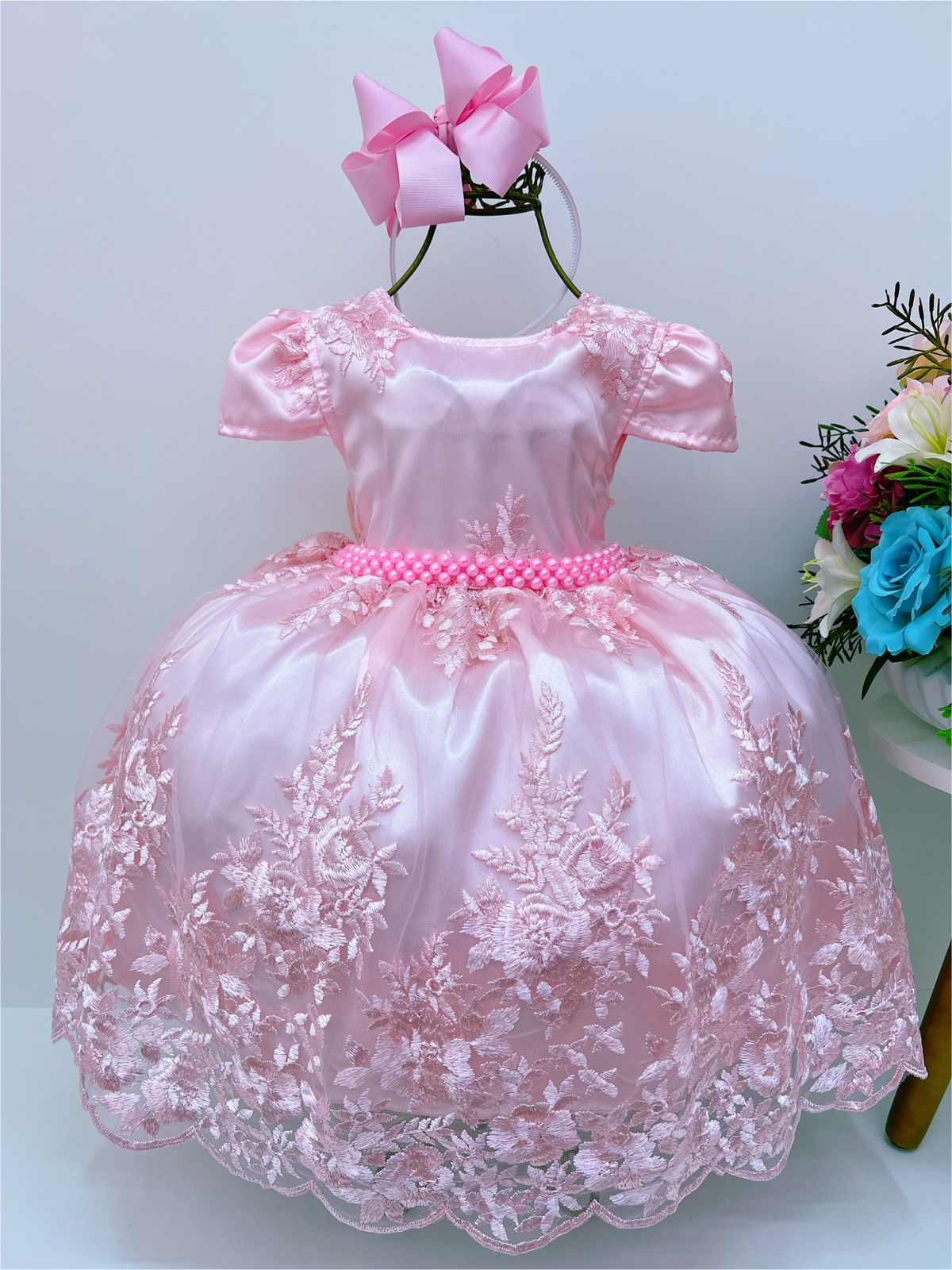 Vestido Infantil Cinderela Princesa Azul C/ Renda e Pérolas - Rosa Charmosa  Atacado