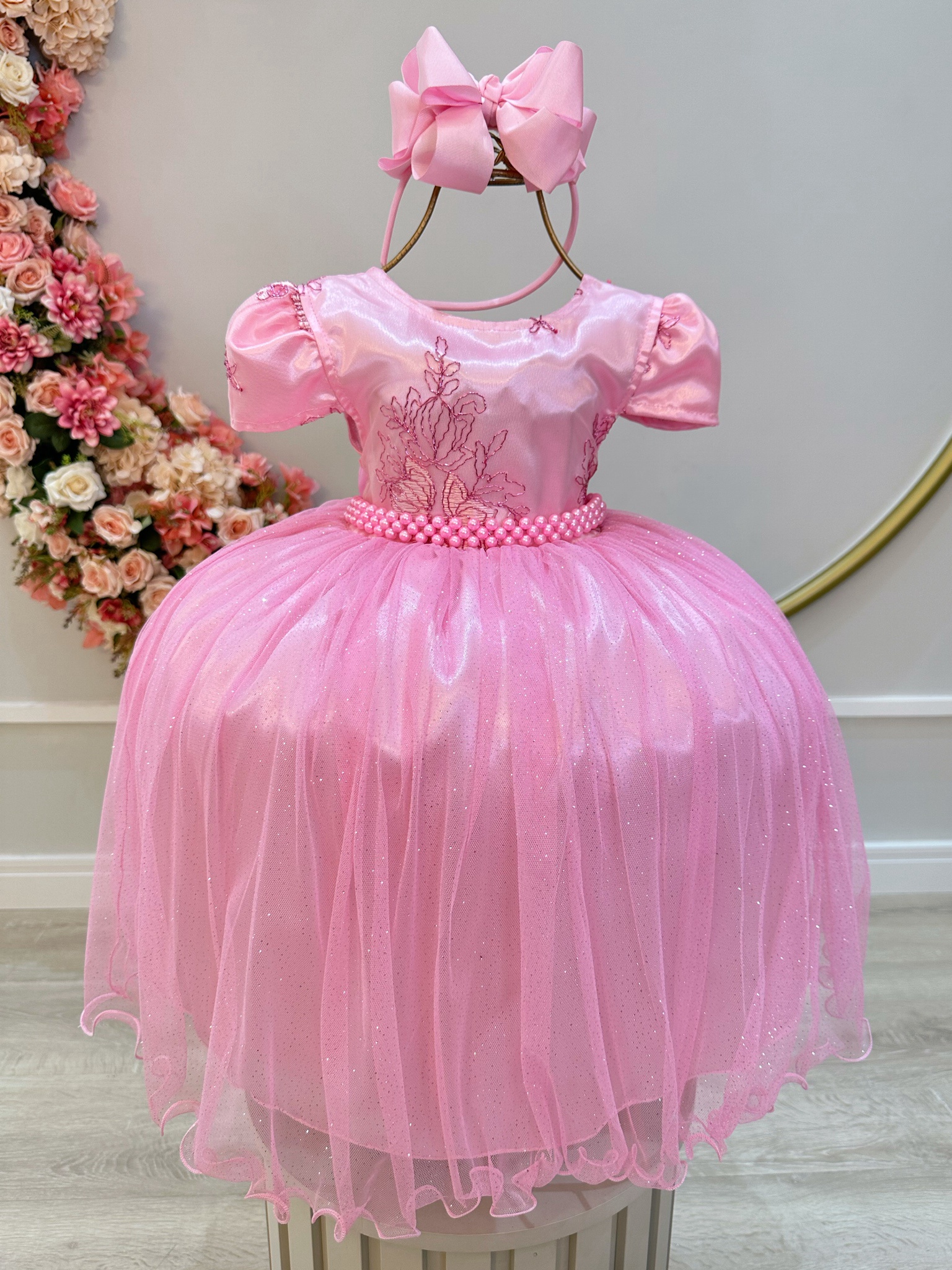 Vestido Infantil Rosa Tule C/ Renda Metálica Luxo Casamento