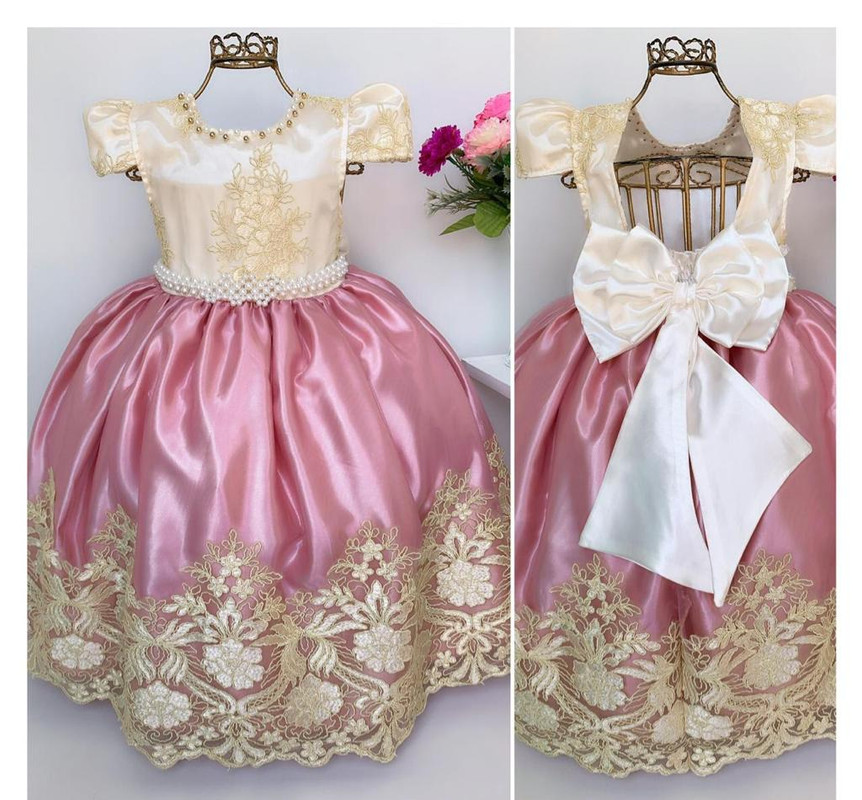 Vestido Infantil Rosê e Marfim Rendado Longos Damas