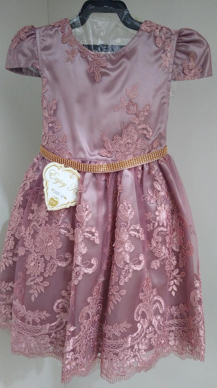 Vestido Infantil Rosê Escuro Rendado Strass Luxo