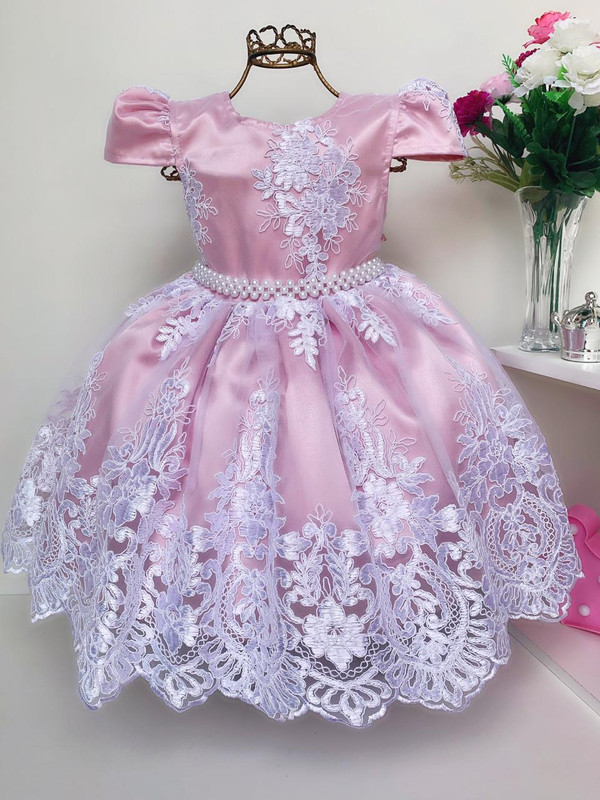 Vestido Infantil Rosê Renda Branca Realeza Luxo Princesa