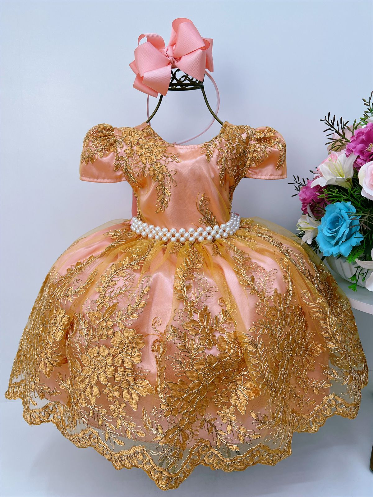 Vestido Infantil Rose Renda e Tule Dourado Realeza Damas