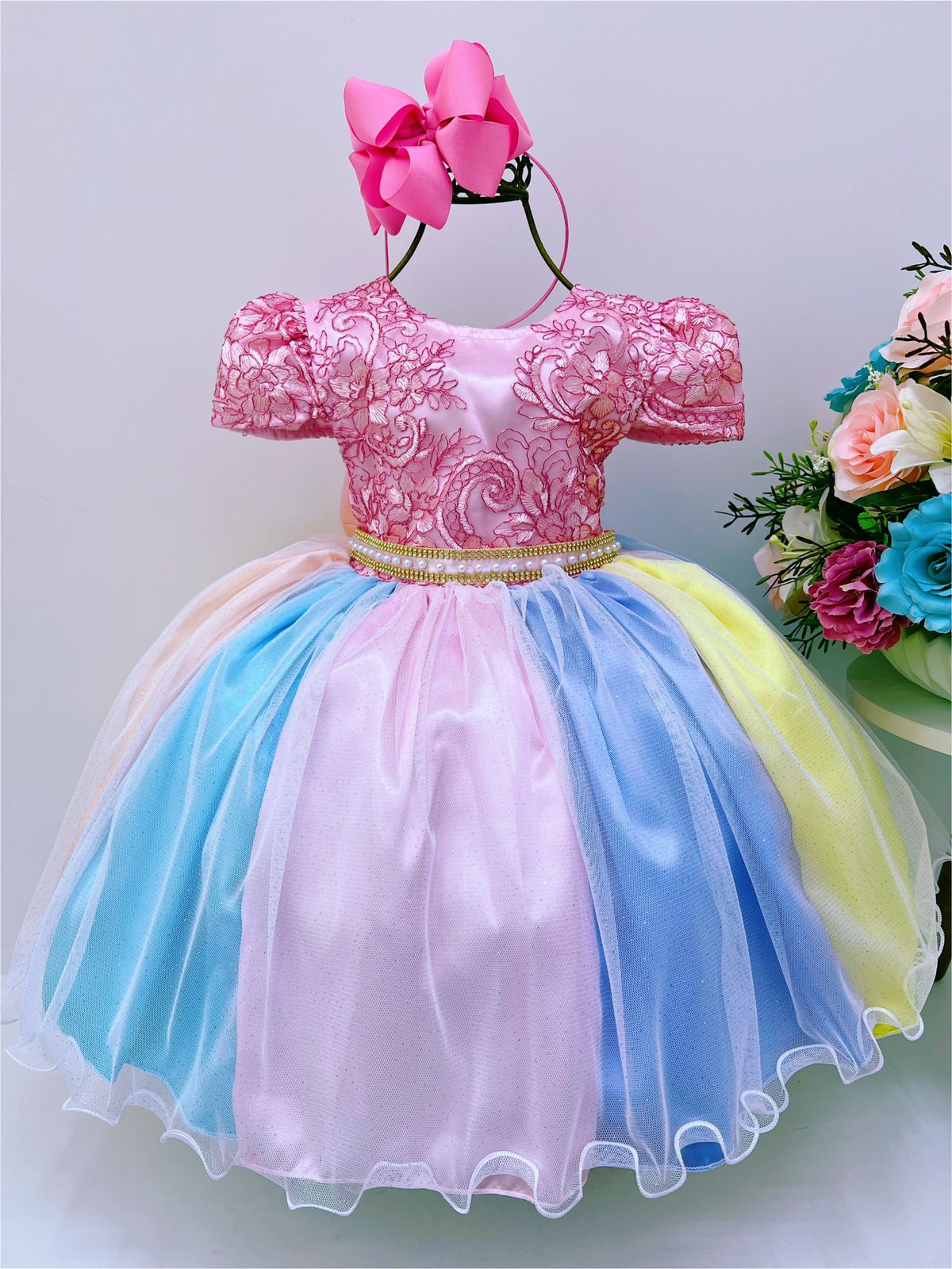 Vestido Infantil Unicórnio Chuva de Amor Arco Iris de Renda