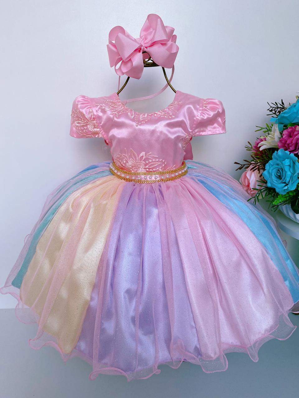 Vestido Infantil Unicórnio Chuva de Amor Arco Iris Luxo