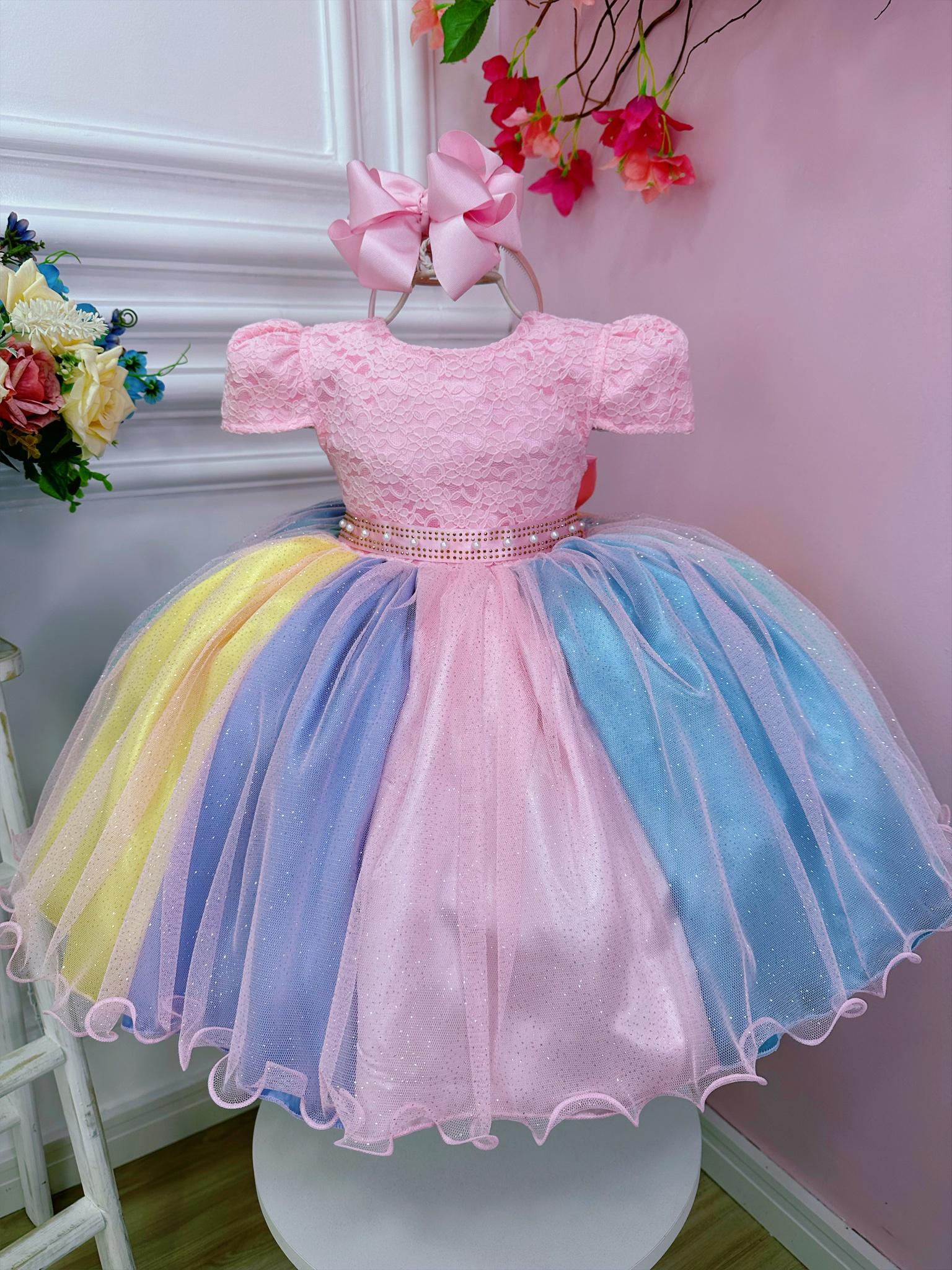 Vestido Infantil Unicórnio Chuva de Amor Arco Iris Festa