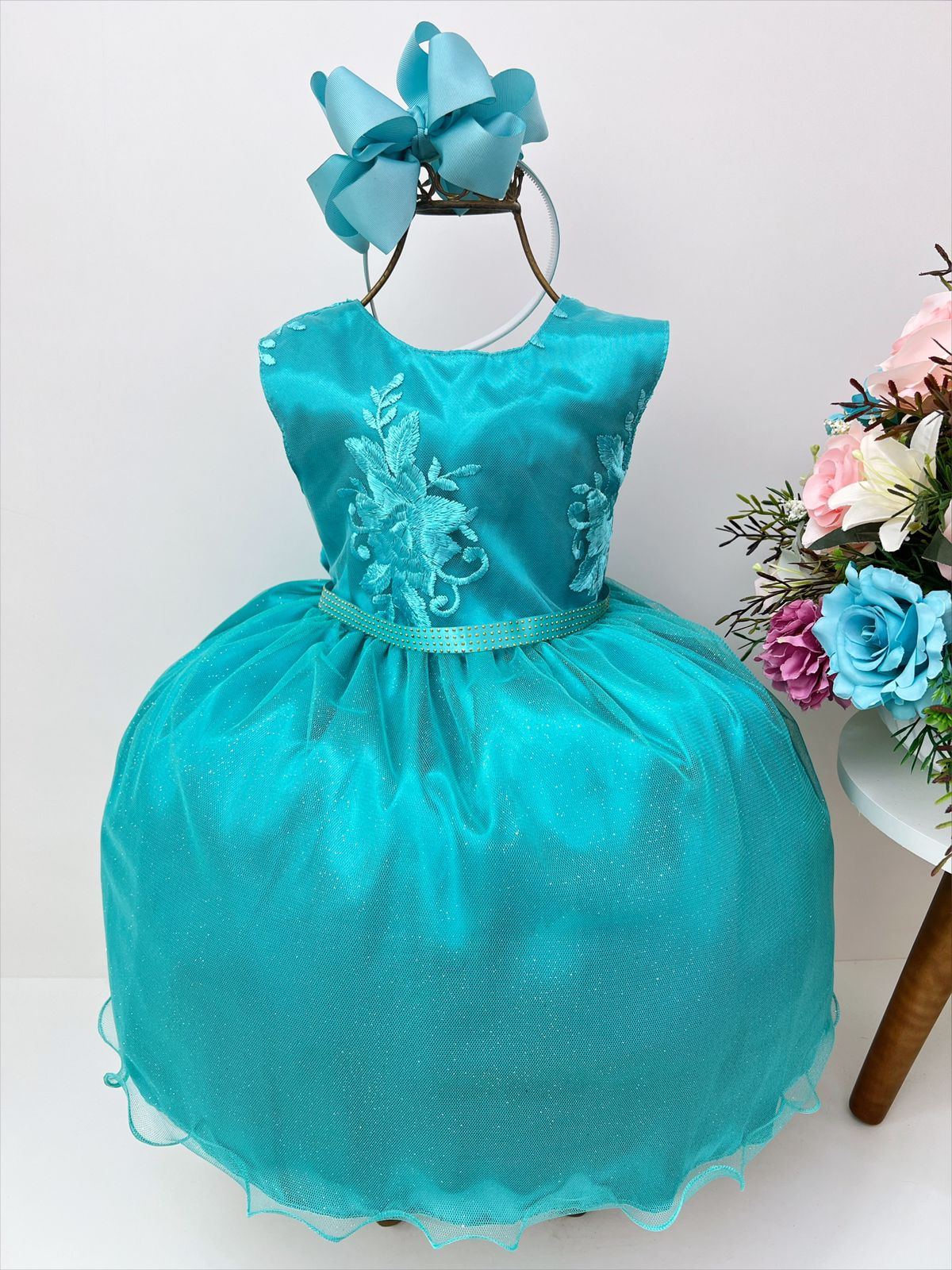 Vestido Infantil Verde Renda Busto Cinto Strass Luxo